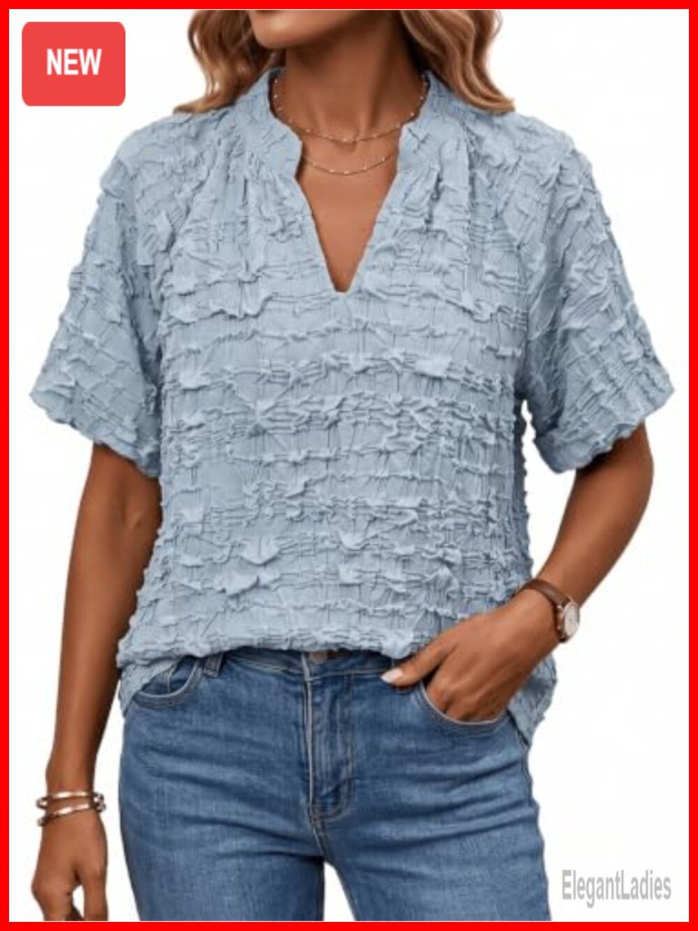 Women's Textured V-Neck Blouse Short Flutter Sleeve Casual Top